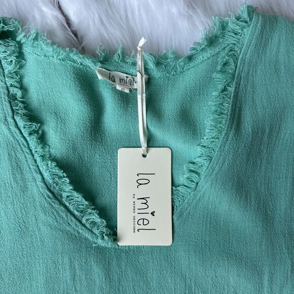 La Miel Tangerine Soft Washed Gauze Cut Edge V-Neck Top Color Green Size S - Picture 8 of 12